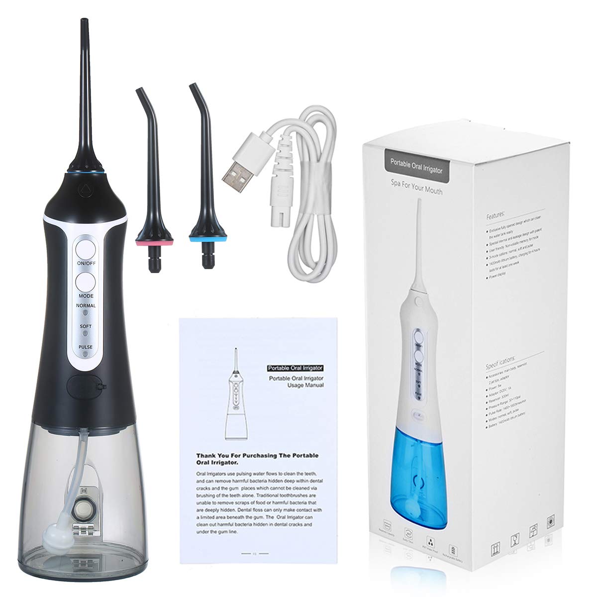 Idropulsore portatile Irrigatore Dentale Ricaricabile Cordless Cleaner IPX7 Impermeabile con 3 modalità 2 Jet Tips