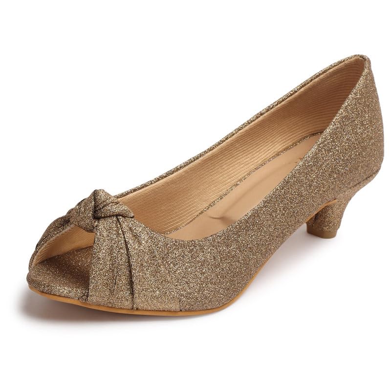 Image of XE Looks Women's Low Heels | Sparkling Peep Toe Pumps with Chic Knot Design Peep Toes for Girls & Women