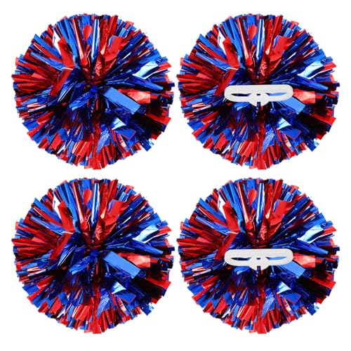 YELARXI Metallic Cheerleading Pom Poms Cheer Pompoms, 12 Inch with Handle Rings Fit for Team Spirit Sports Dance Cheering, (4Pcs, Red Blue)
