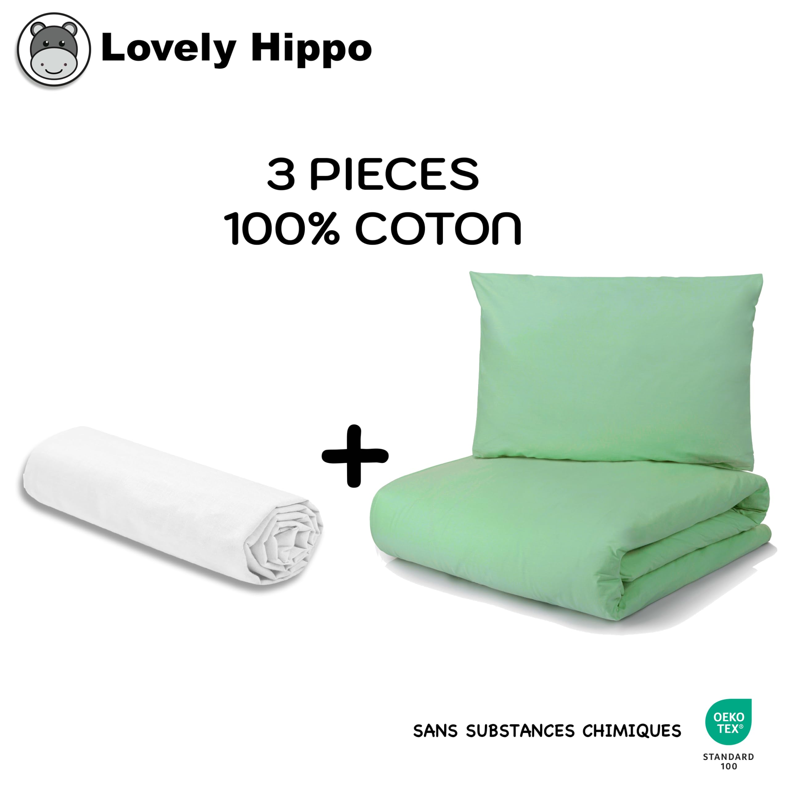 Drap Housse 80x160 (100% Coton) + Housse de Couette 120x170cm + Taie Oreiller Enfant 40x60cm - Parure 100% Coton pour Lit Cabane 80x160 cm (Blanc/Eucalyptus, Parure 80x160 cm (3 pièces))