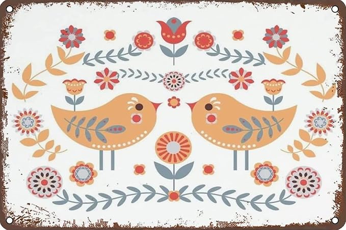 Metal Signs Bird Poster Scandinavian Art Swedish Folk Art Retro Wall Decor for Home Garden Man Cave Bars Restaurants Cafes Office Store Sign 12 X 8 INCH