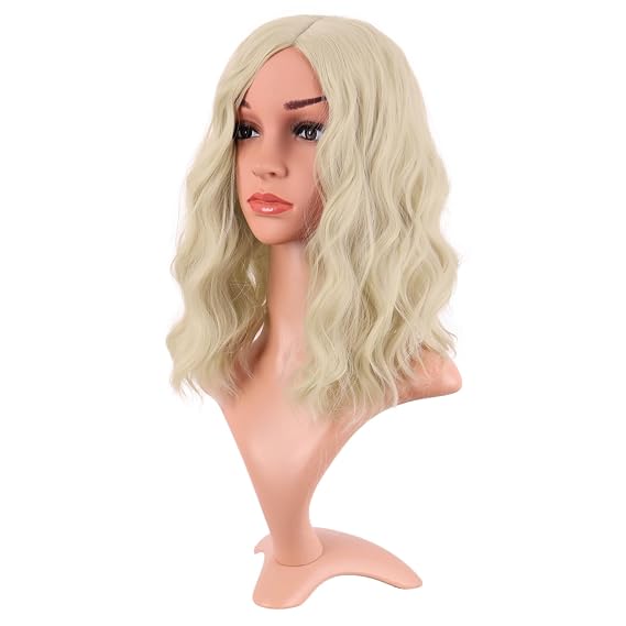 MapofBeauty 14 Inch Bob Wavy Short Curly Cosplay Anime Wig, Blonde