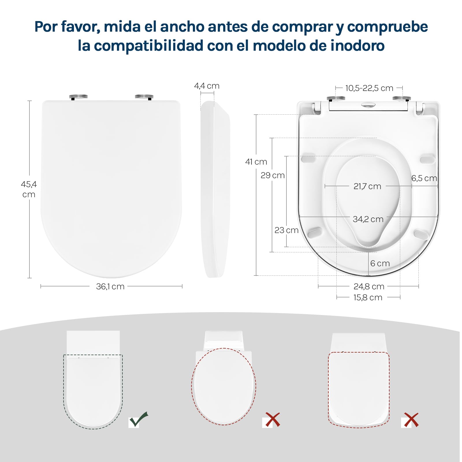 WOLTU Tapa WC Universal Forma de D, Asiento de Inodoro de Cierre Suave con Liberación Rápida para una Fácil Limpieza,Toilet Seat Para Familia y Baño, Blanco
