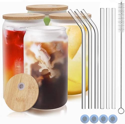 Robello Vasos para beber con tapas de bambú y pajitas de 16 onzas juego de 4 piezas en blanco de vidrio de sublimación vaso lata de cerveza tazas de