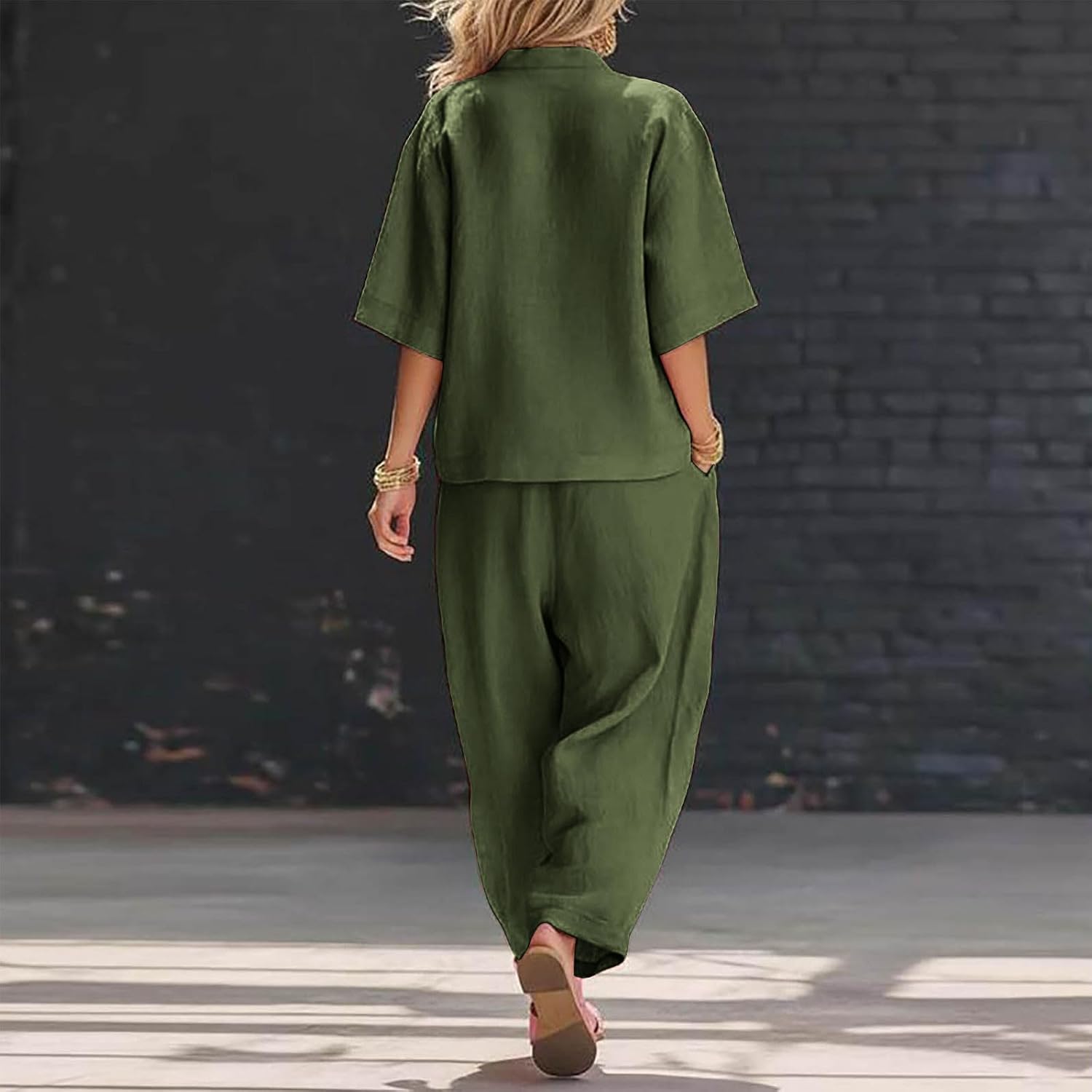 Womens Linen Outfits Summer Casual 2 Piece Sets V Neck Short Sleeve Tops and Wide Leg Pants Beach Vacation Outfits
