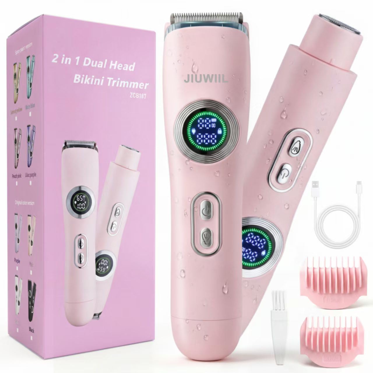 Bikini Trimmer für Frauen, JIUWIIL 2 in 1 Elektrorasierer für Frauen, IPX7 wasserdichter Elektrorasierer mit zwei Köpfen, Nass und Trockenrasierer für Körperbehaarung und Bikin (Rosa)