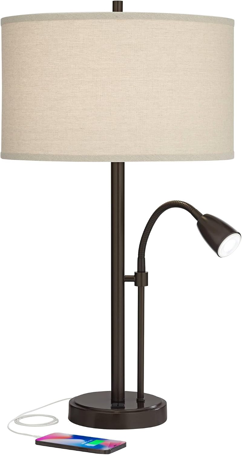 Possini Euro Design Traverse 29" Tall Modern Set of 2 Table Lamps with USB Ports A+C Charging Gooseneck LED Bronze Oatmeal Shade for Living Room Bedroom House Bedside Nightstand Home Office
