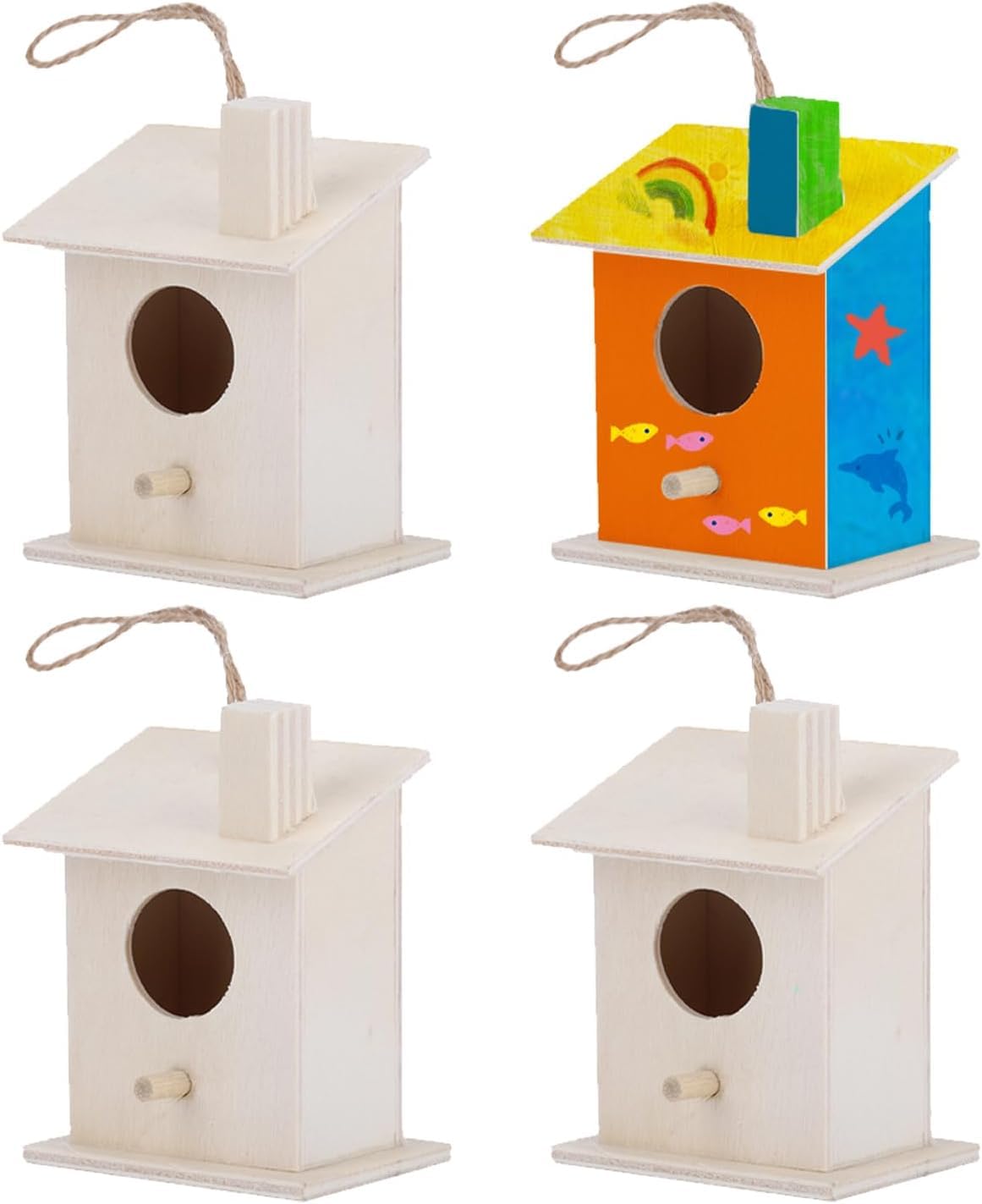 4Pcs Wooden Bird House, Hanging Bird Hut Natural Unfinished Bird Houses for Outside with Pole for Garden Courtyard Decoration