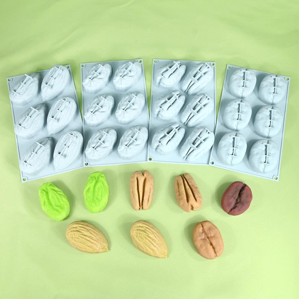 Stampo in silicone a forma di mandorla, pistacchio e chicco di caffè – 6 cavità, teglia da forno, stampo in silicone per mousse e torte al cioccolato e gelatina – facile da rimuovere, adatto al forno - 5