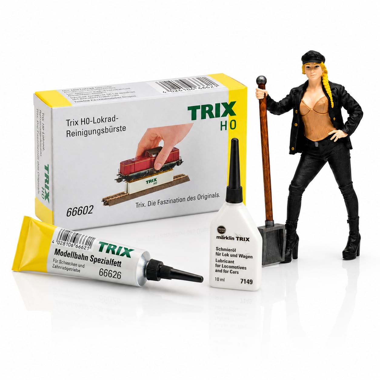 Kit Manutenzione Locomotiva H0 con Spazzola Trix 66602, Grasso Trix 66626 & Olio Märklin 7149 | Set per la Cura Modellismo Ferroviario | 1x Personaggio H0 da Collezione Casuale