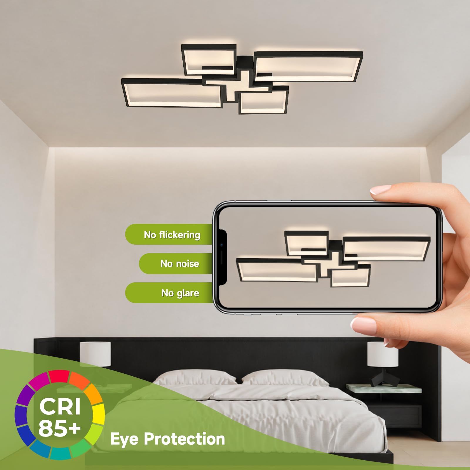 OTREN Plafoniera LED Soffitto Dimmerabile, 82CM 60W Lampadario Camera da Letto con Telecomando 3000K-6500K, Moderno Lampada Soffitto per Soggiorno Cucina, Nero