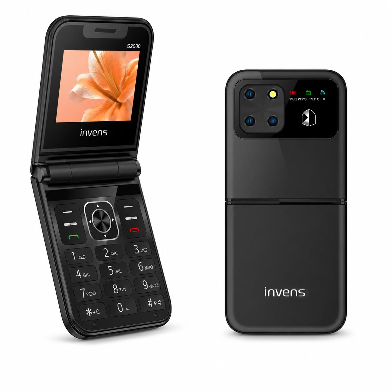 invens Seniorenhandy Klapphandy ohne Vertrag, 4 SIM-Karten, 1700-mAh-Akku | 2G-Großtastenhandy für Senioren mit 2,4-Zoll-Farbdisplay, USB-C, 3,5-mm-Anschluss, LED-Taschenlampe und FM-Radio