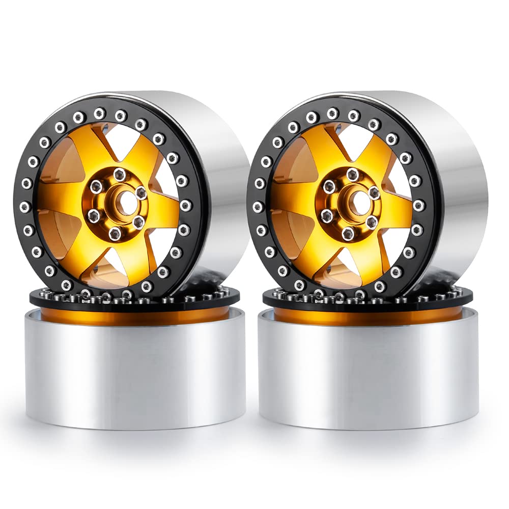RCLIONS 2.2" Beadlock Wheels 35mm RC Aluminum Rims for AXIAL Wraith RR10 TRX4 1/10th RC Crawler Truck Car (Yellow)