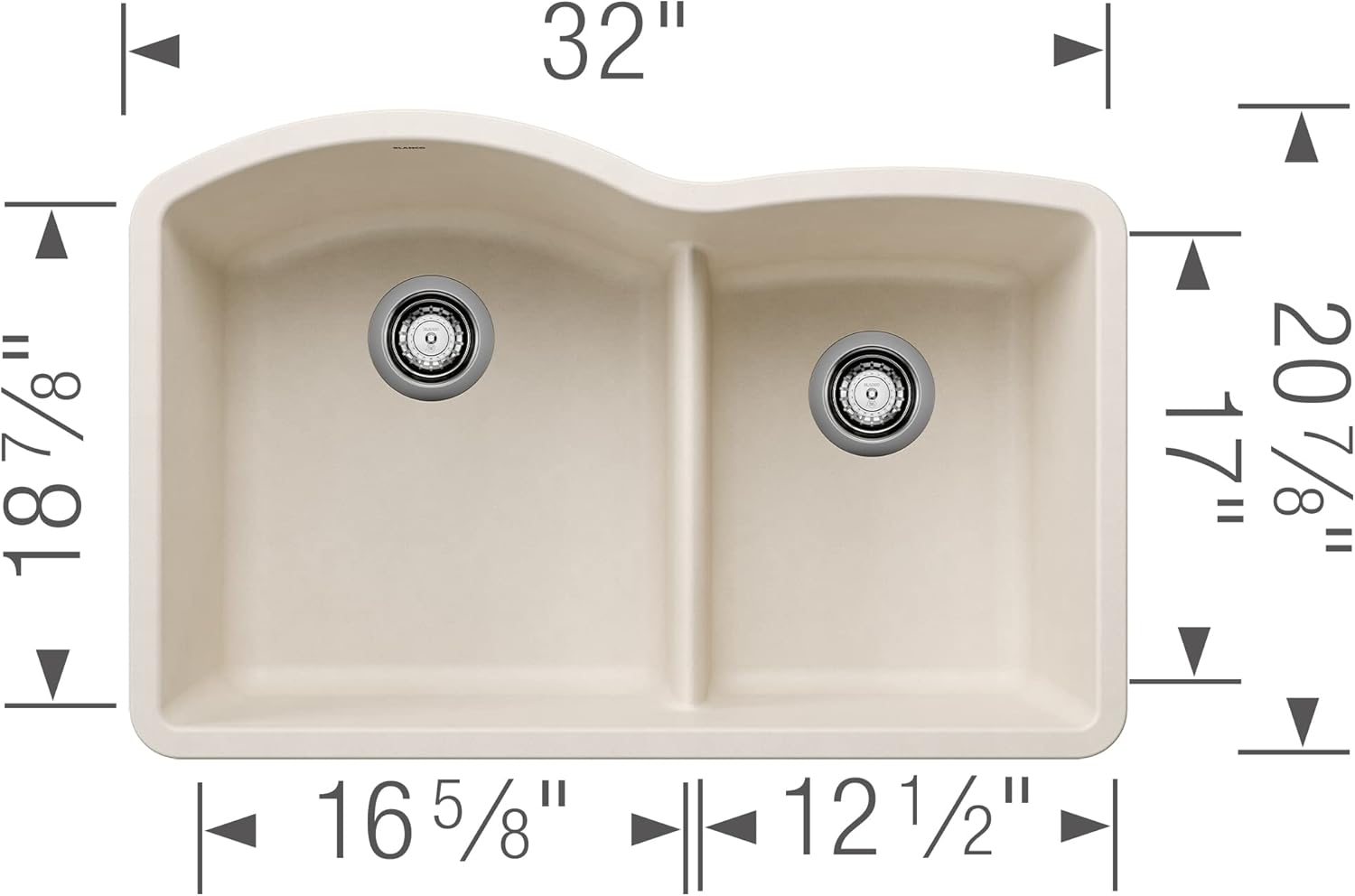 BLANCO 443065 Diamond 60/40 Low Divide Double Bowl Kitchen Sink, 32" L X 21" W - Soft White