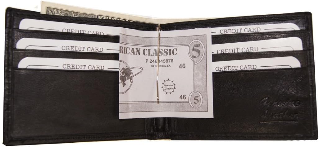 Mens Genuine Leather Bi Fold Money Clip Card Money Slots Outside Id Wallet Black