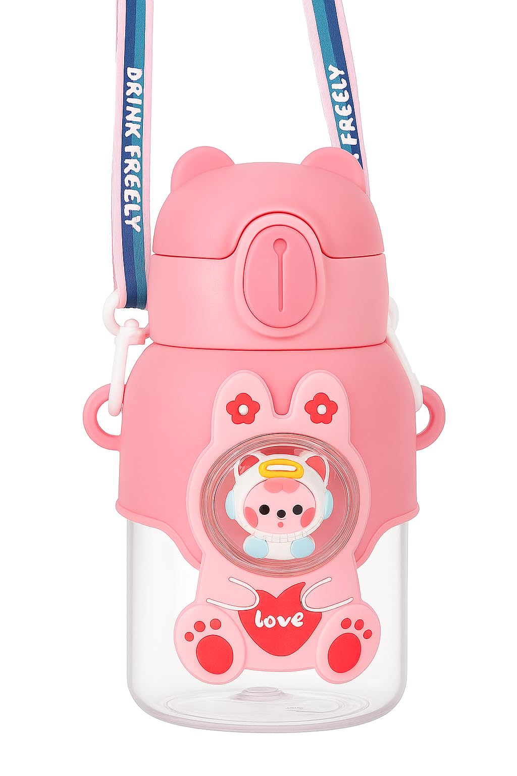 Water Bottle with Cartoon Design, 600ml, Flip Straw Lid, Leakproof, School Travel Bottle with Strap