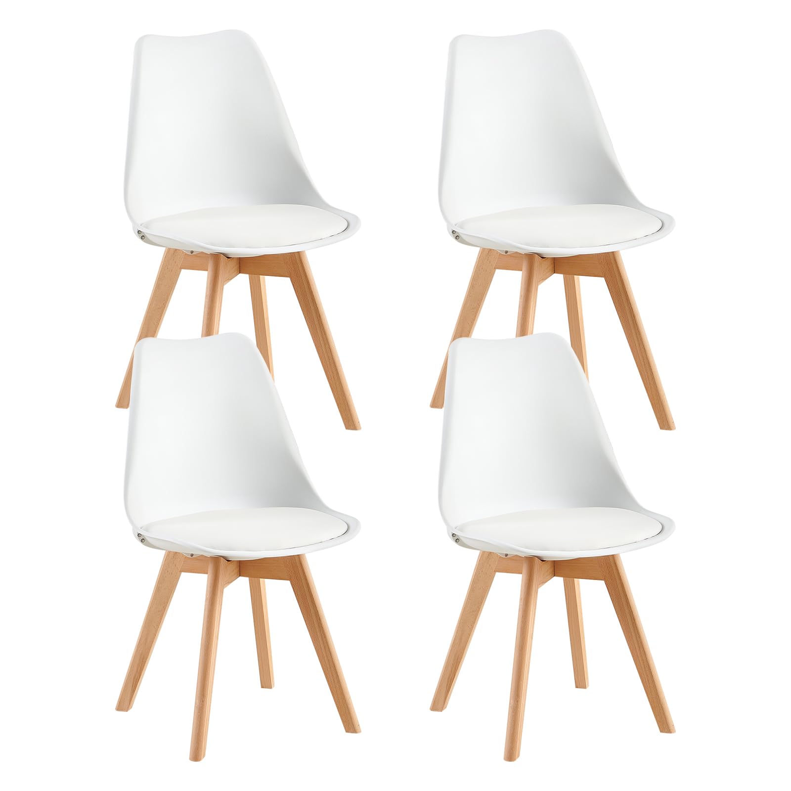 FaithBay Juego de 4 Sillas de Comedor de Plástico con Certificación Medioambiental, Sillas Nórdicas Estables y Duraderas con Patas de Haya Protegidas Cocinas Oficina - Blanco