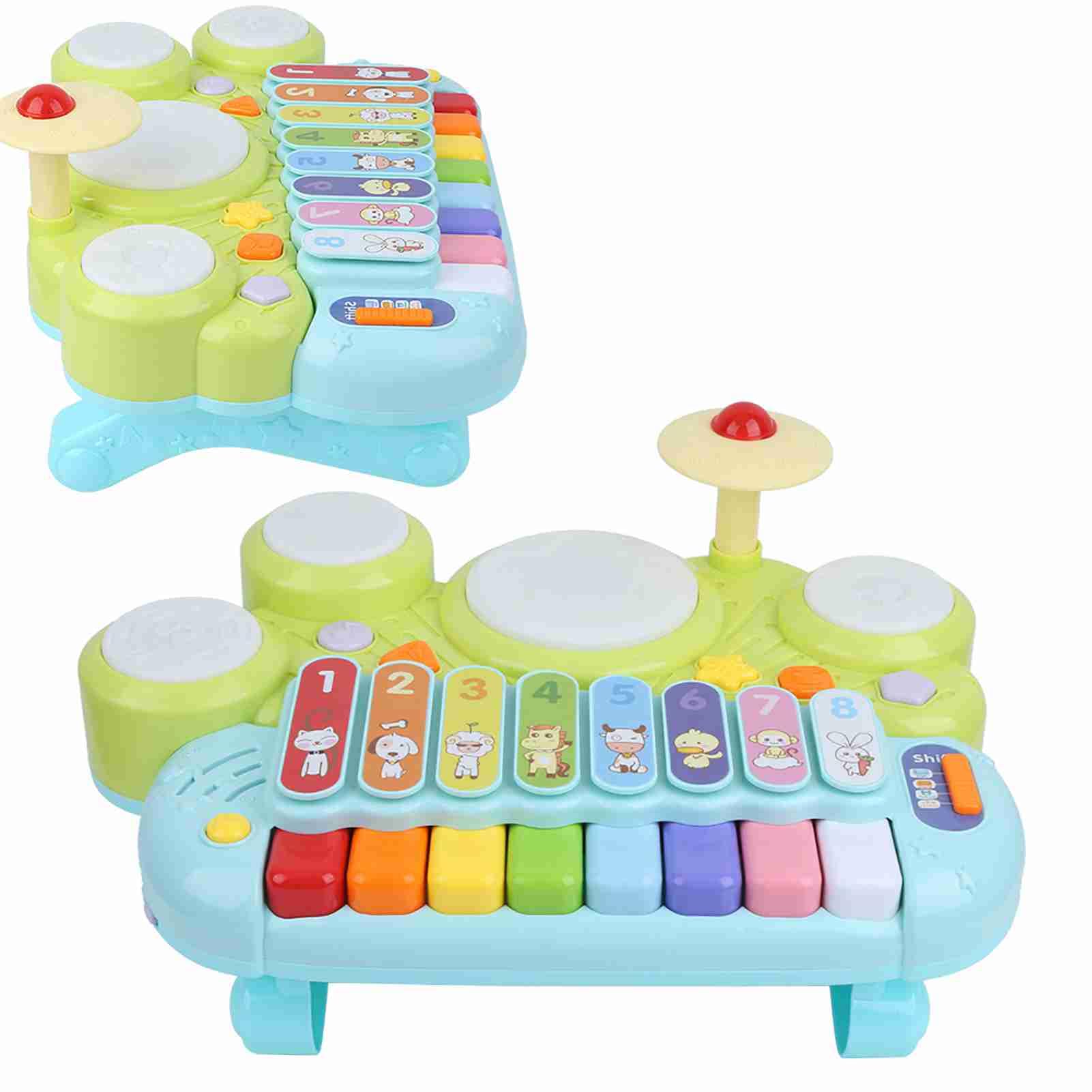 Juguetes de Instrumentos Musicales 3 en 1 para Niños Pequeños con Funciones de Aprendizaje Divertidas: Juego de Batería con Teclado de Piano Electrónico Hecho de Plástico Seguro, Tamaño 15 X
