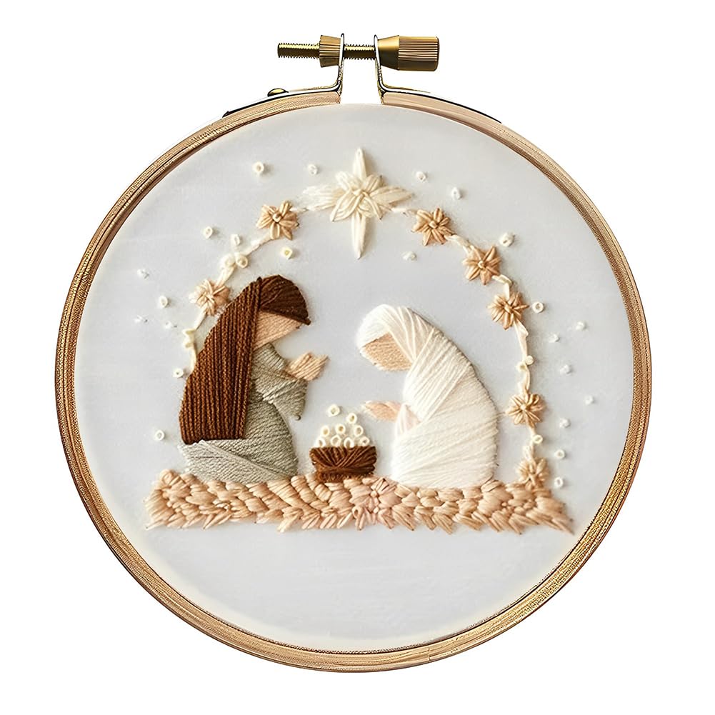 Christmas DIY Cross Stitch Embroidery Kit - Multifunctional Needlepoint Set with Embroidery Hoop, Cloth, Needles & Threads - Handmade Sewing Art Craft for Adults & Beginners (Nativity Scene)