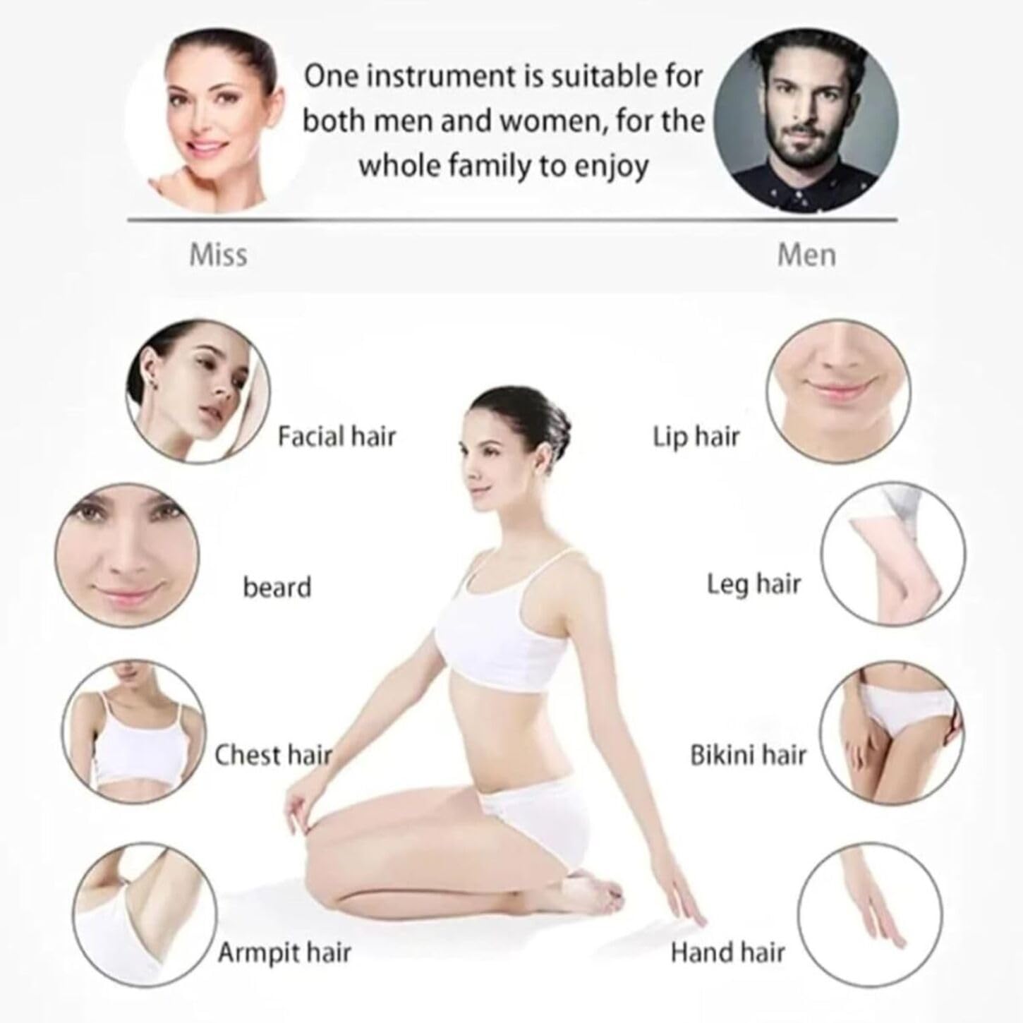 Epilatore 2 in 1 con Raffreddamento a Ghiaccio, Depilazione Senza Dolore per Corpo e Viso, Adatto a Tutti i Tipi di Pelle e Zone Intime, Risultati Duraturi