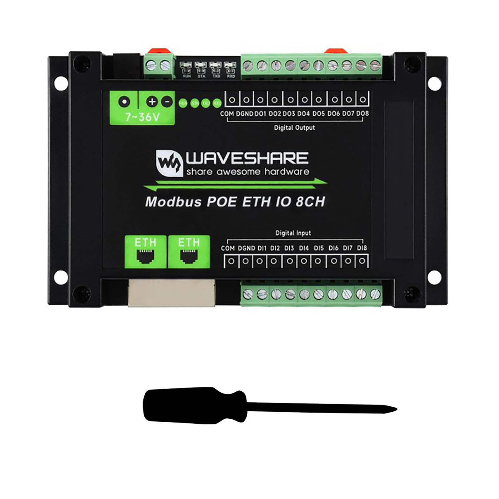 PoE Ethernet Modbus IO Module 8DI 8DO, Modbus TCP/RTU, Dual LAN Ports Cascade, IEEE 802.3af PoE + DC 7-36V, 500mA Sink Outputs, DIN Rail Mount, Isolation Protection