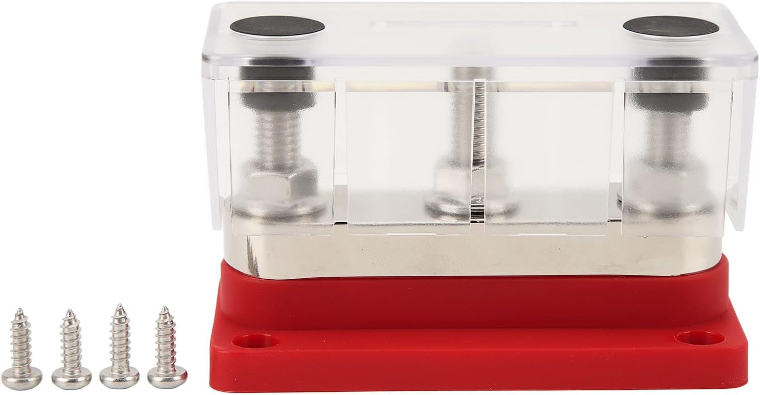 Power Distribution Block, 12-48V 600A, 3 M10 Studs - Tidy Circuit Management, Plated Brass Construction, Ideal for Cars, Trucks and Marine (Red)