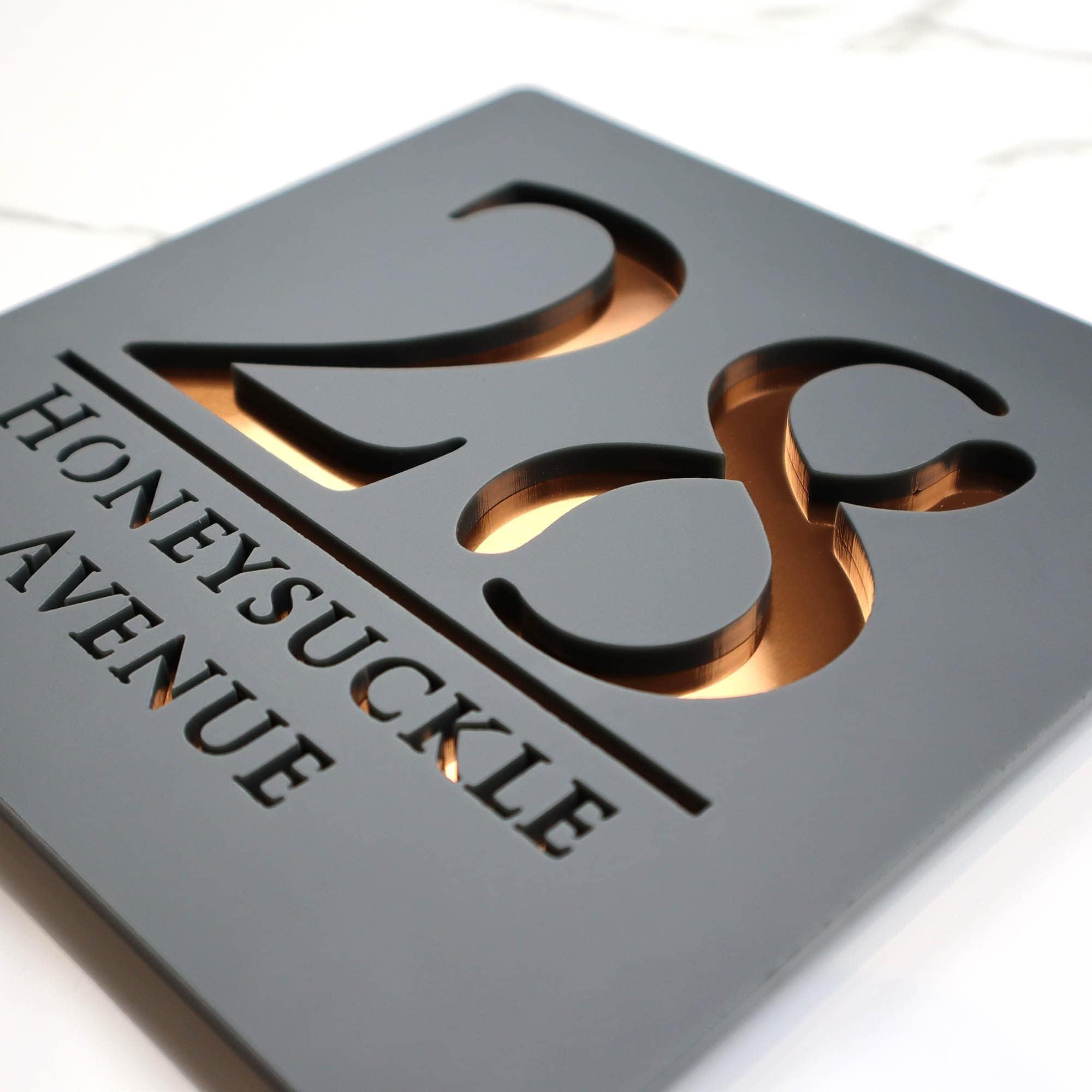 K Smart Sign | Bellisima S1 F32 | Matt Dark Gray Personalized Door Number Yard Garden Porch Signs 3d Perspex Mirror Marble Mirror House Gate Sign Laser Cut 3D Modern Plaque Street plaques Anthracite RAL7016 | 7" x 7" (Matt Dark Gray & Copper Mirror)