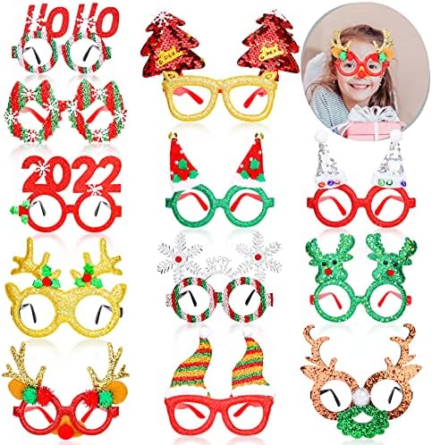 Qpout Christmas Party Glasses for Kids Adults, 12 Pcs Glitter Party Glasses Christmas Decoration Costume Eyeglasses for Christmas Party Holiday Favors Photo Booth Novelty Glasses