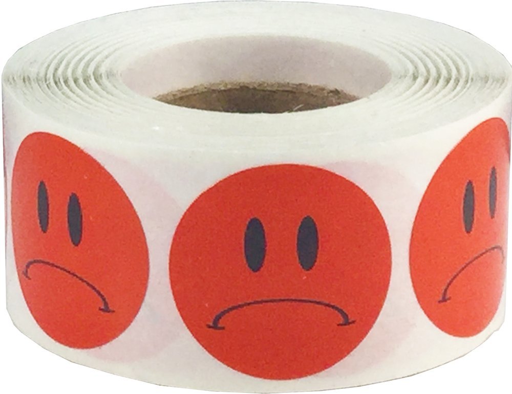 Sad Face Stickers, 1 Inch Round Adhesive Labels, 500 Total Smile Reaction Stickers on a Roll for Teachers, Behavior Charts, and Motivation – Made in