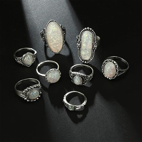 Vista 4 de Juego de 8 anillos bohemios vintage de turquesa para mujer, diseño único retro ovalado con cúpula blanca de cristal de piedra de cristal