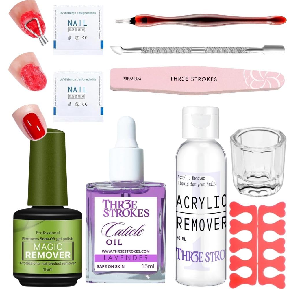 THR3E STROKES Gel Nail Polish Remover, No Need for Foil, Quick & Easy Polish Remover In 3-5 Minutes, No Need Soaking Or Wrapping Doesn't Hurt Nails-15ml (Set of 3) ( Buffer+Peeler+Cuticle Oil +Acrylic Remover) Accesories Free-image-7