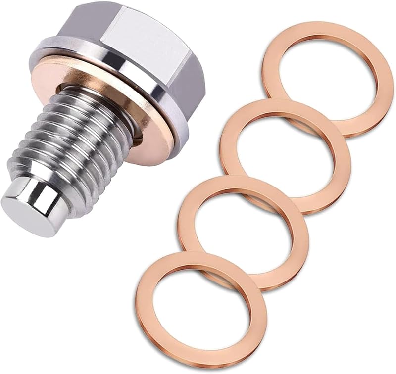 Bujão magnético do cárter M12 x 1,25 Damwot em aço inoxidável – 1 unidade + 5 arruelas de cobre