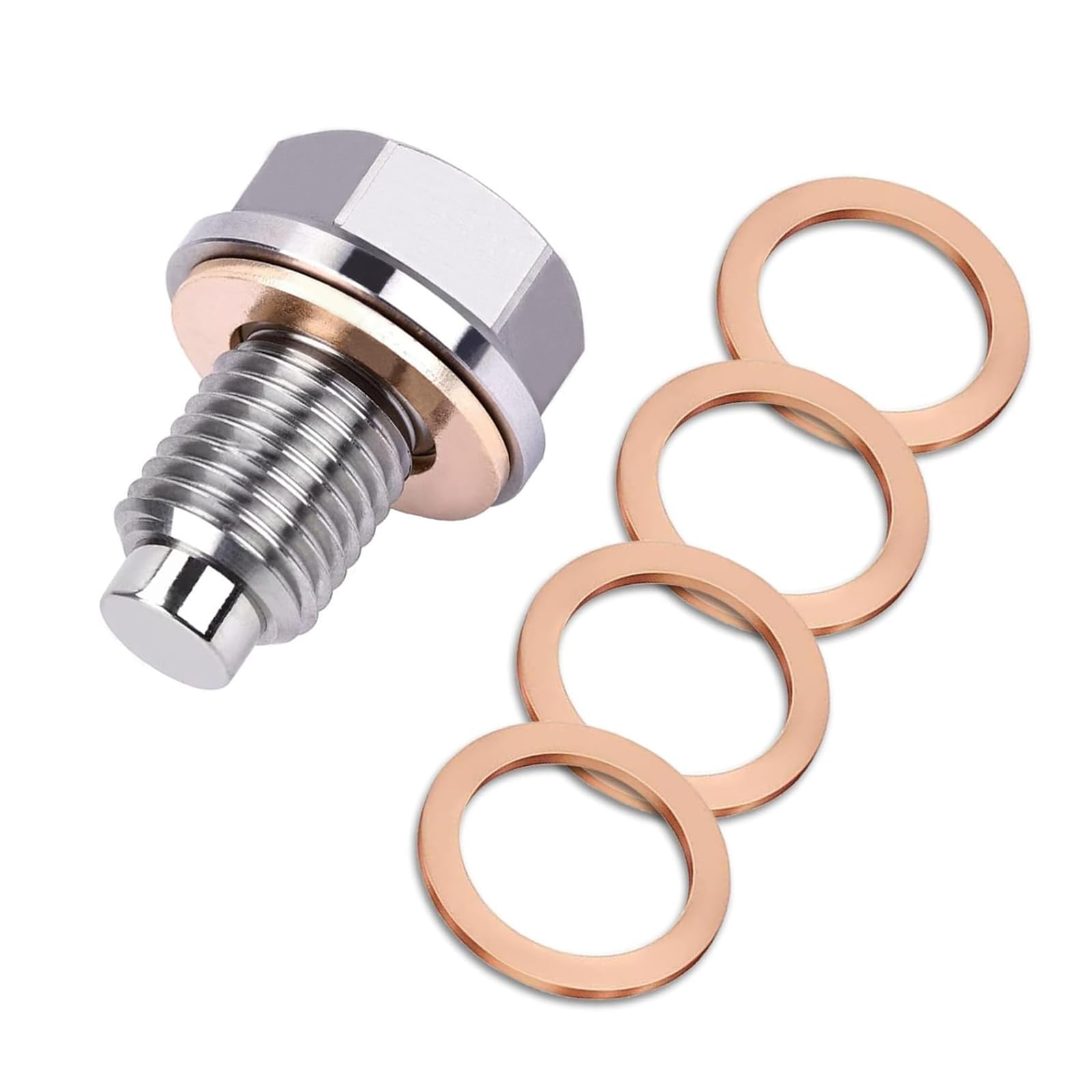 M12 x 1.25 Magnetic Oil Drain Plug, Magnetic Stainless Steel Oil Pan Drain Nut Bolt with 5 PCS Copper Crush Washer Anti Leakage, Universal Leak-proof Replacement,Fits Most Cars, Motorcycles, Boats