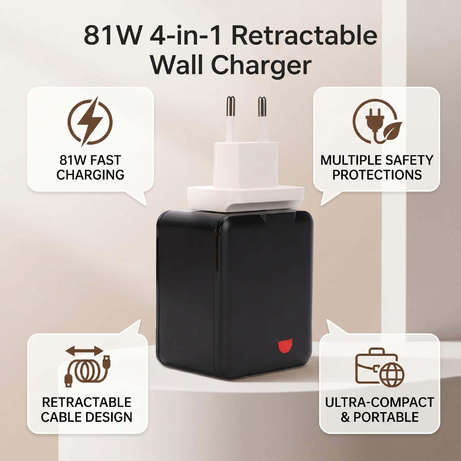 Cocoarm Caricabatterie da Muro, Caricabatterie Tipo C 4 in 1 ABS da 81 W con Cavi Retrattili, Ricarica Rapida USB C1 PD 45 W, Ricarica per 4 Dispositivi, da Viaggio Compatto per Viaggi in Ufficio a