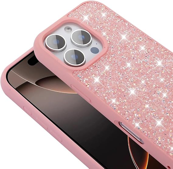Aksesuarcim iPhone 16 Pro Max Kılıf Parlak Taşlı Tasarım Kamera Lens Korumalı Silikon Kapak Pırla Pembe