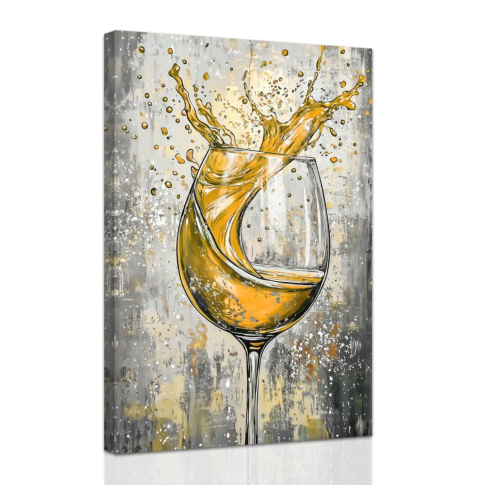 ZXHYWYM Wine Canvas Wall Art for Kitchen Prints Yellow Wine Glass Picture Modern Kitchen Restaurant Dinning Room Bar Wall Decor Framed (70 x 105 cms)