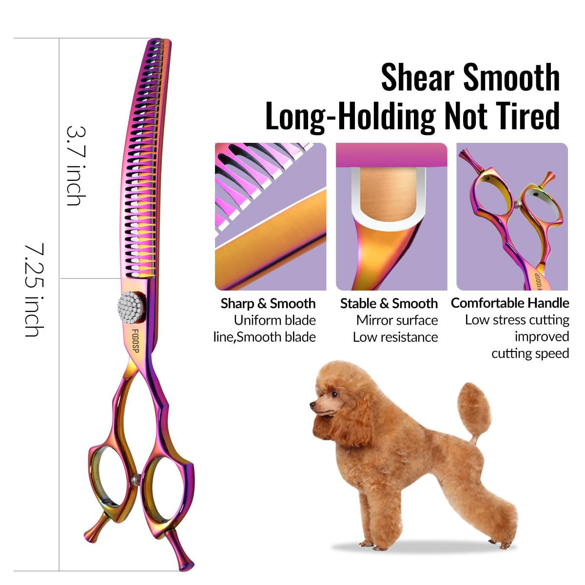 Ciseaux professionnels courbés pour le toilettage des chiens de 19 cm - Arc-en-ciel - Ciseaux de toilettage pour grands chiens - 35 dents - Japon 440C (chunkers incurvés, rose rouge)