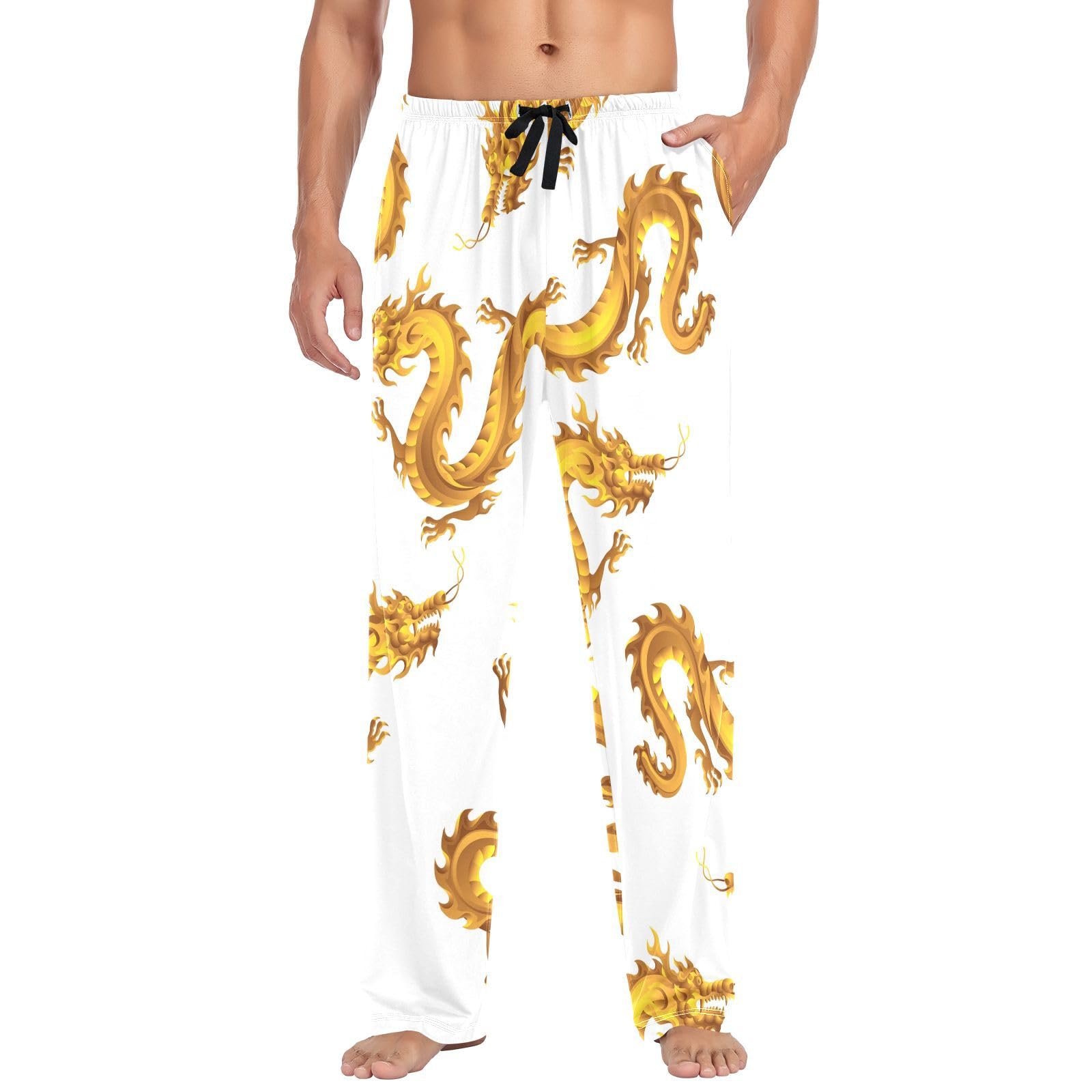 Linomo Mens Pyjama Bottoms Chinese Dragon Pattern Pyjamas Loungewear 100% Cotton Pyjama Trouser Nightwear PJs Pants for Men Boys