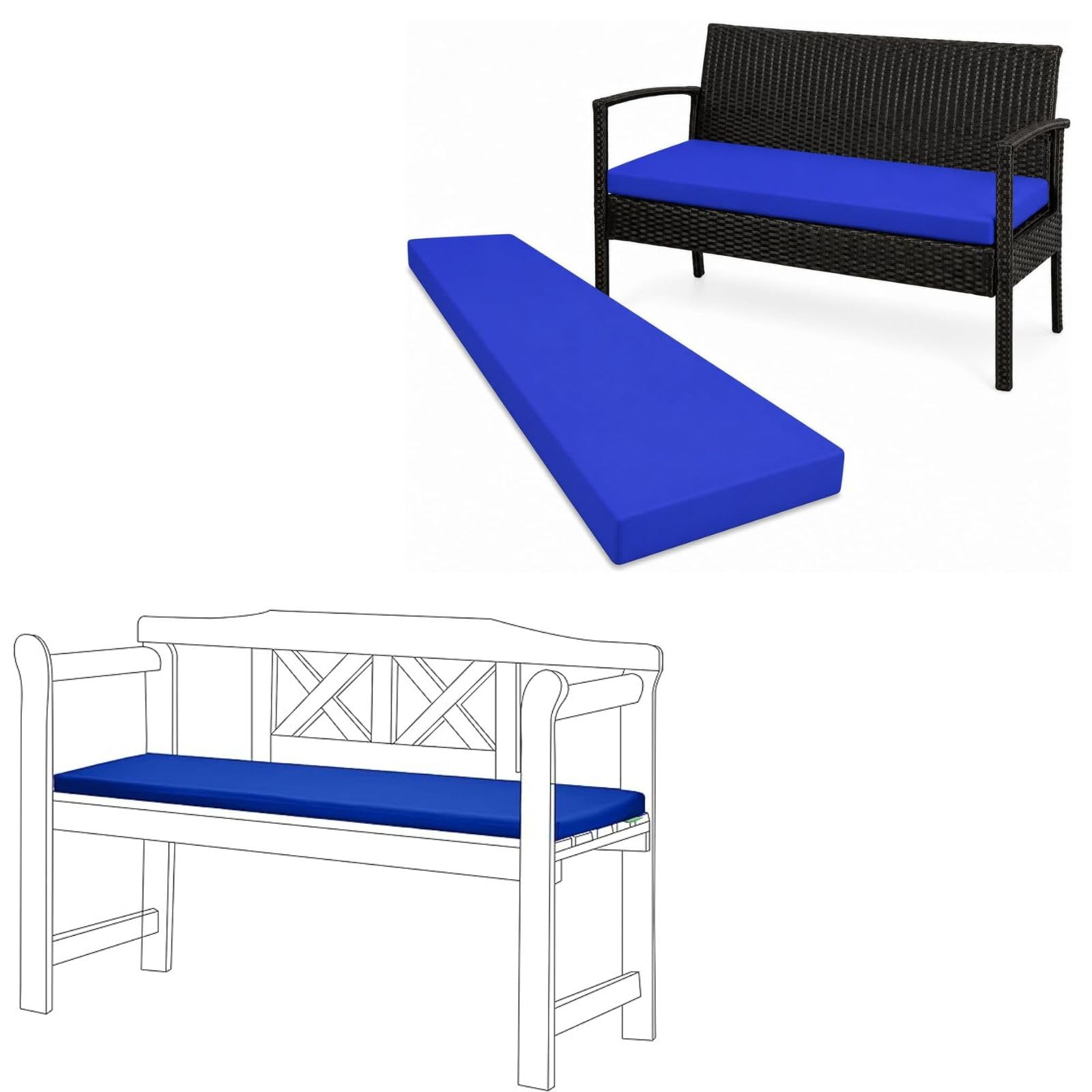 Outdoor Garden Bench Cushion Pad 2 Seater, 3 Seater, 4 Seater Replacement Cushions for Gardens Furniture Waterproof Foam Seat Pad for Patio Deck Sofa Couch Swing (Royal Blue, 2-Seater-108x45x5cm)