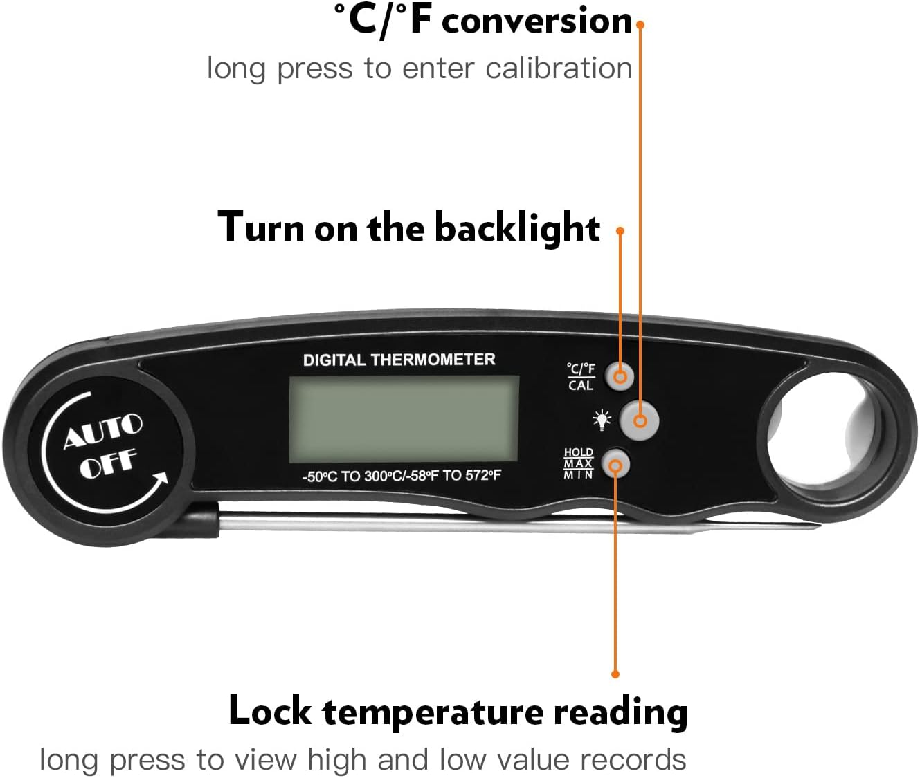 review A thermometer that instantly reads the temperature of food, mainly used for outdoor cooking, grilling, steak frying, baking, and other ingredients that require temperature control (black)