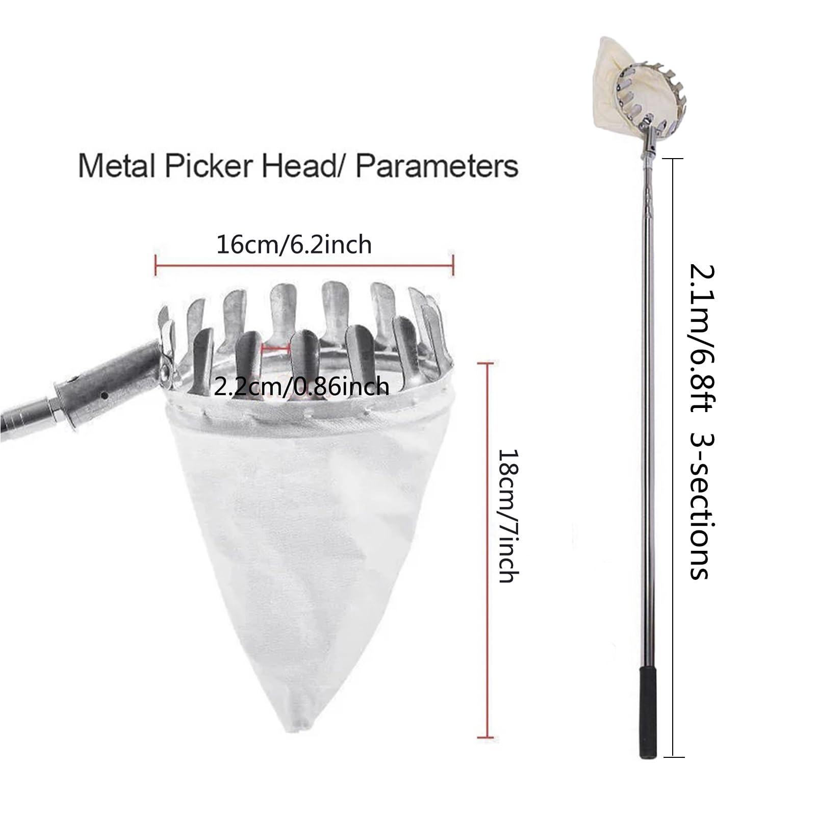 LekLai Raccoglitrice Di Frutta, Raccoglitore Di Frutta in Acciaio Inossidabile con Asta Di Prolunga per Mela e Pera/Stainless Steel/2.1M/6.8Ft