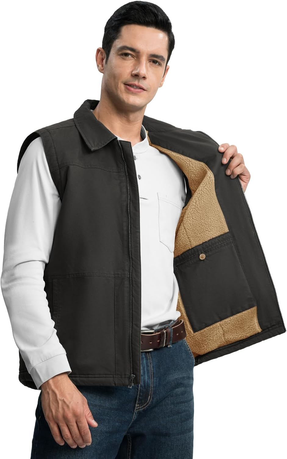 TBMPOY Men's Winter Vest Casual Sherpa Fleece lined Full Zip Lightweight Vest Outerwear Warm Cotton Travel Jackets - Image 4
