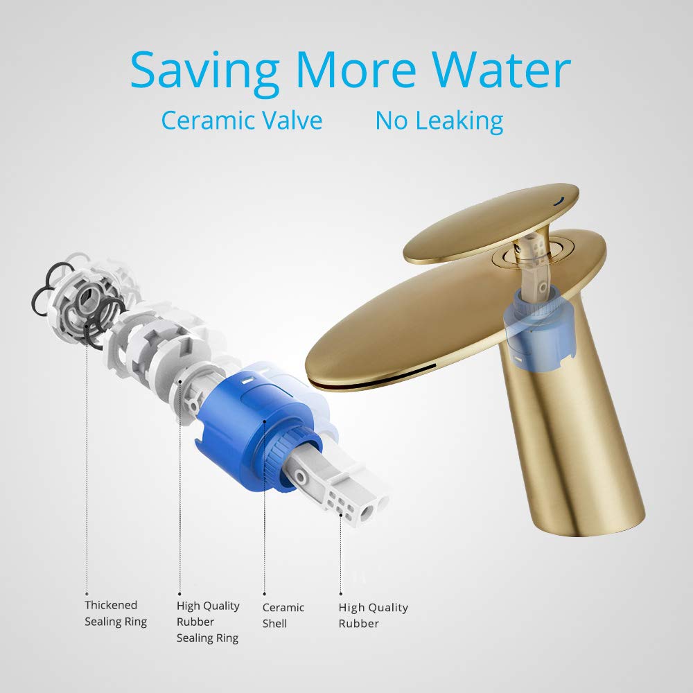 Wovier Matte Gold Waterfall Bathroom Sink Faucet with Supply Hose,Single Handle Single Hole Lavatory Faucet,Slanted Body Basin Mixer Tap Commercial