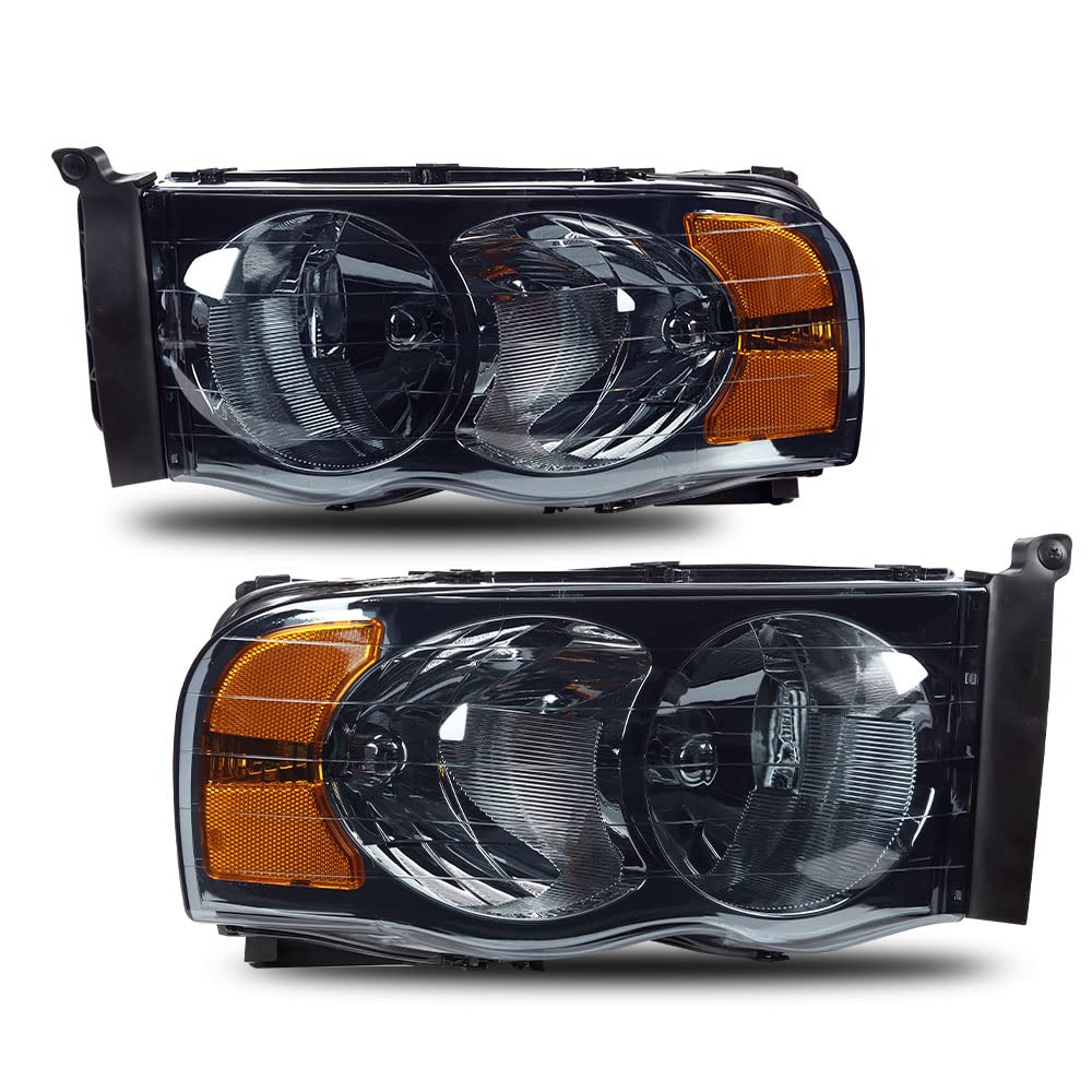 G-PLUSHeadlights Assembly, Compatible with 2002 2003 2004 2005 Dodge Ram 1500 2500 3500 bumper Headlamp, Smoky lens Chrome Housing Amber Reflector