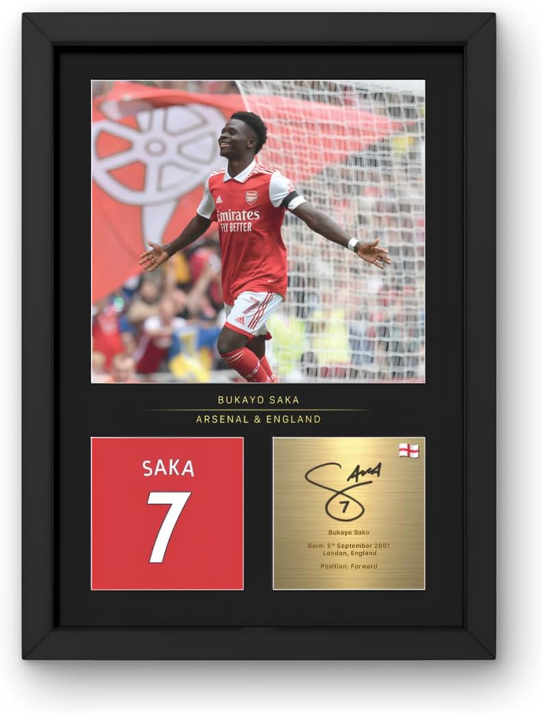 Bukayo Saka Signed A4 Framed Photo Display - Reproduced Digital Signature - Gift For Arsenal Fans