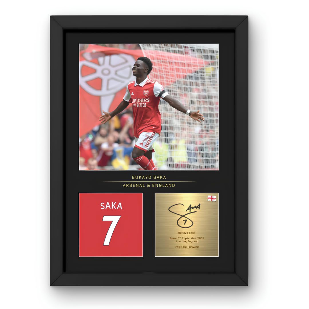 Bukayo Saka Signed A4 Framed Photo Display - Reproduced Digital Signature - Gift For Arsenal FC Fans