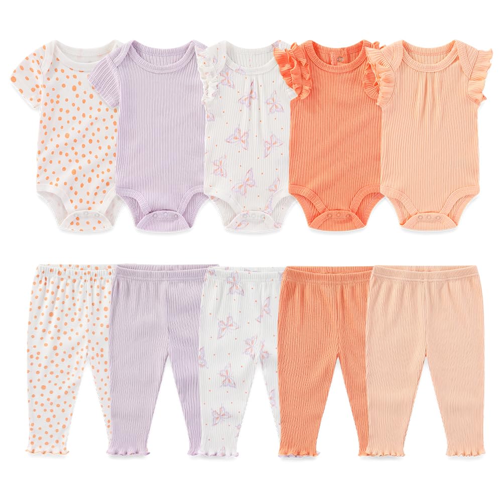Newborn Baby Layette Set 10-Piece with Bodysuits and Pants Set for Unisex Baby Gift Sets