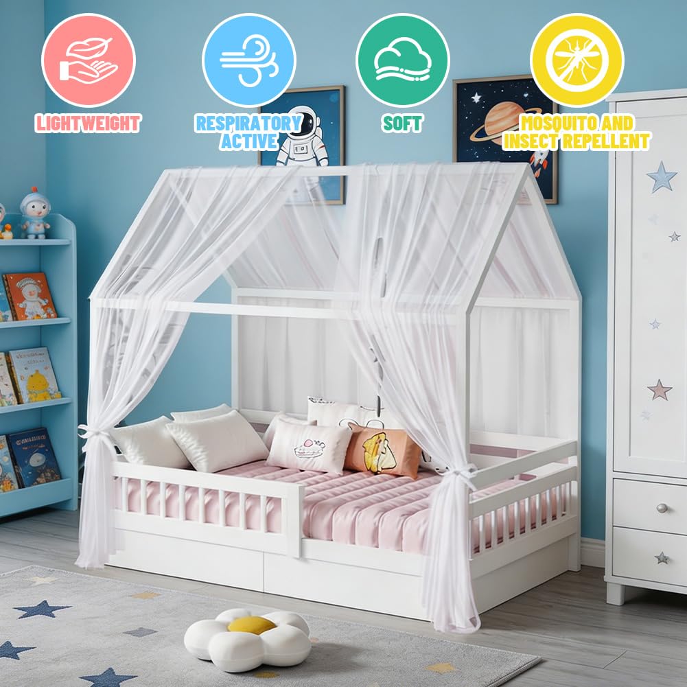 Hausbett Himmel Set, 2 Stück Hausbett Himmel für Kinderbett, 150 x 350 cm, Leichte Atmungsaktive Stoffvorhänge, Hausbetthimmel, Bettvorhang, für Mädchen Jungen Kinderbett Kinderzimmer Deko (Weiß)