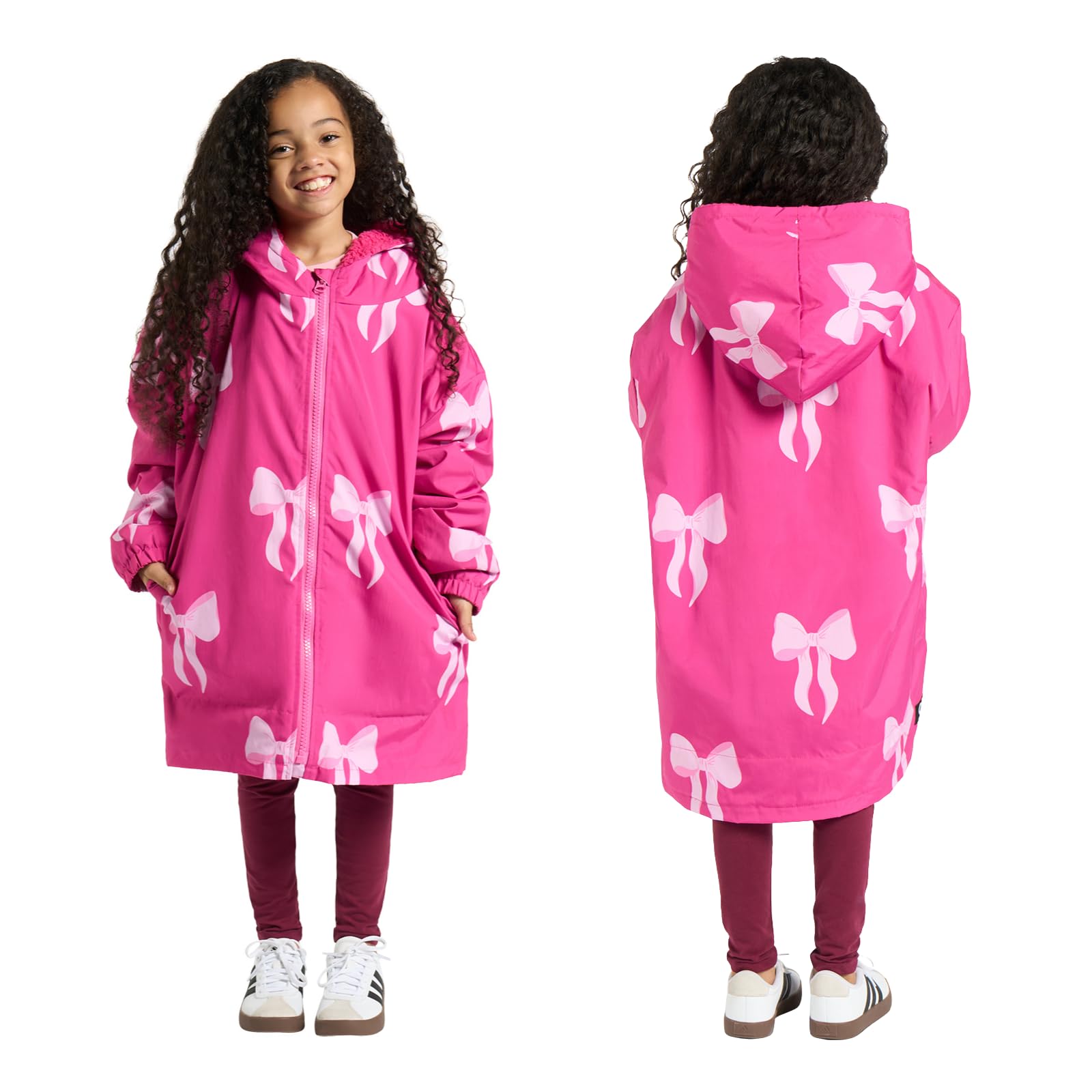 OHS Waterproof Changing Robe, Bow Print Kids Dry Robe Lightweight Fleece Lining Oversized Girls Rain Coat with Hood & Pockets Breathable Waterproof Coat for Beach Surfing Outdoor, Pink - L/XL