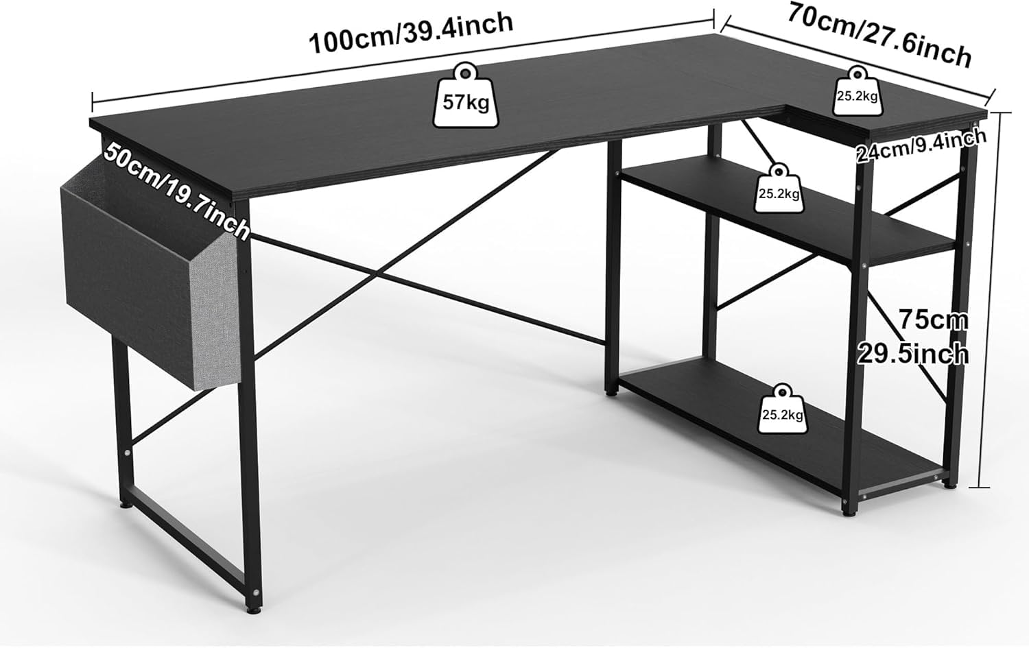 BEXEVUE Bureau Gaming d'angle, 100x70 cm Petit Table Forme L Bureau Etagères Rangements, Angle Réversible Gaming Bureau Informatique Gamer pour Etudier Travailler Chambre, Noir